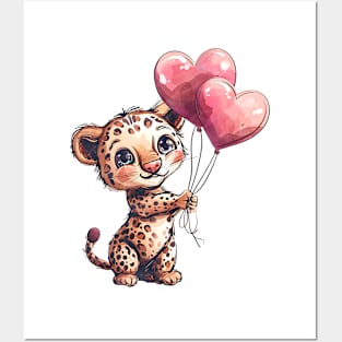 Valentine Jaguar Holding Heart Shaped Balloons Posters and Art